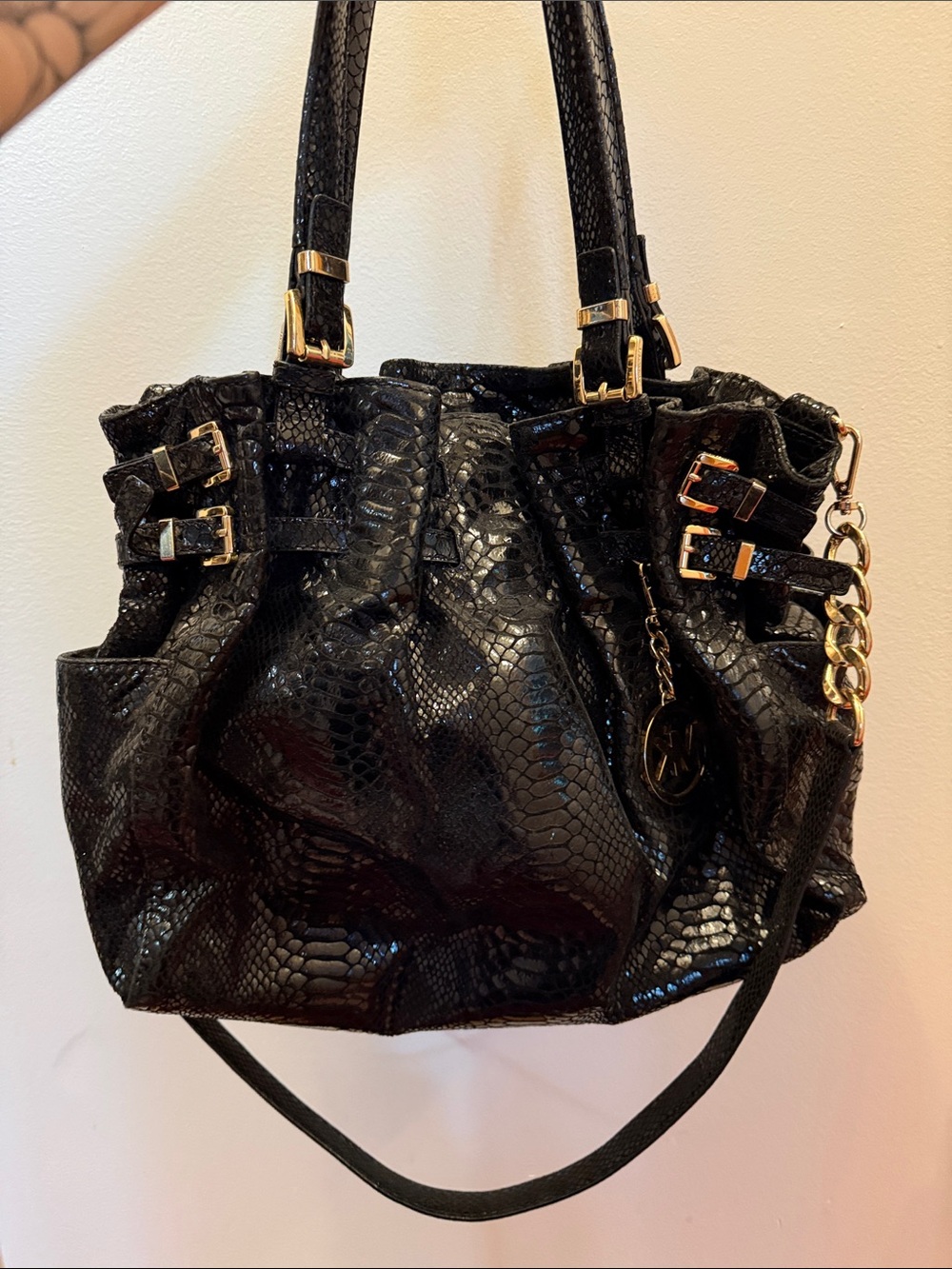 MICHAEL KORS Black Snakeskin Bag; Top Handles, Shoulder Strap & Gold Hardware